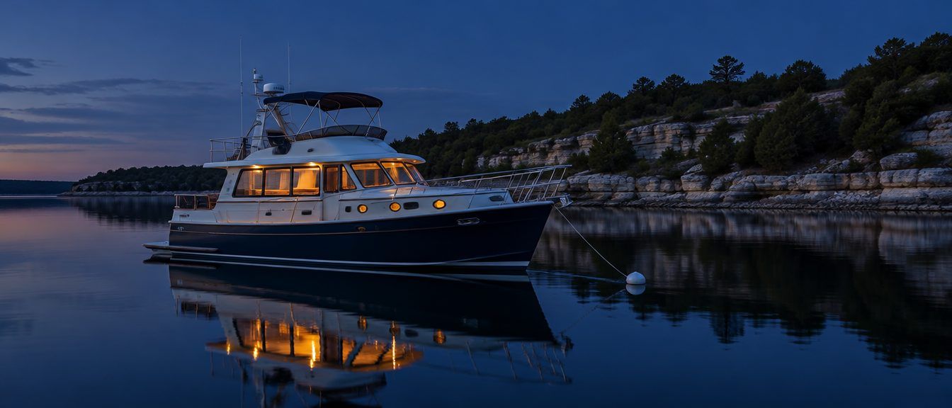 A cabin cruiser at anchor on a still North Texas lake at blue hour, cabin lights on