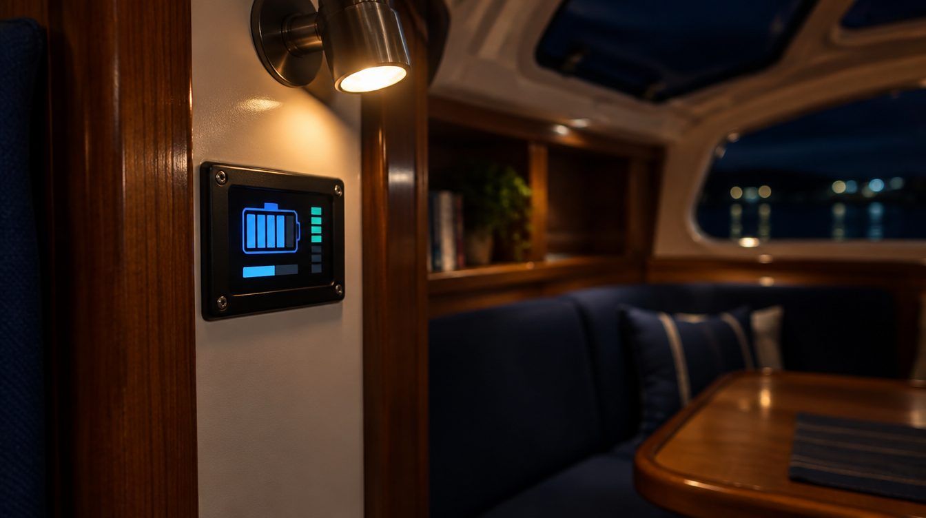 Battery monitor glowing in a boat cabin at night