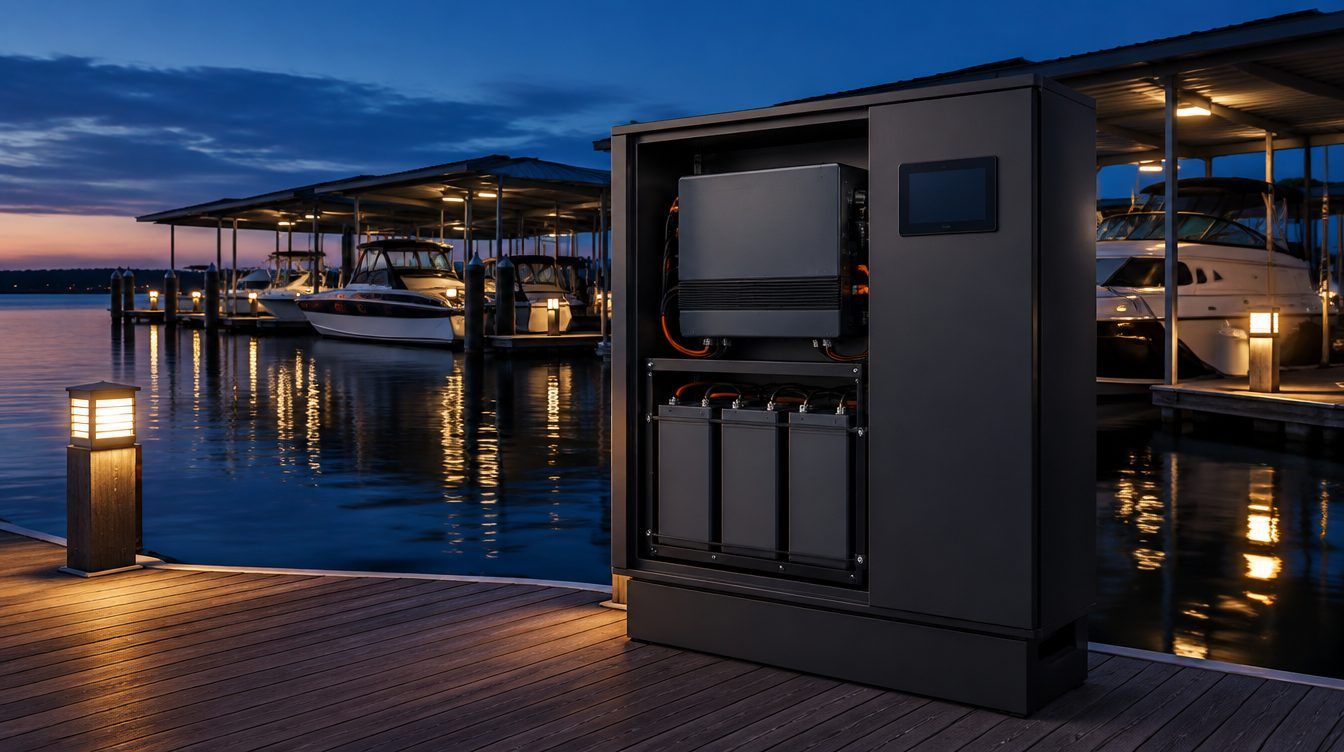 Showpiece battery and inverter unit on a marina dock at dusk