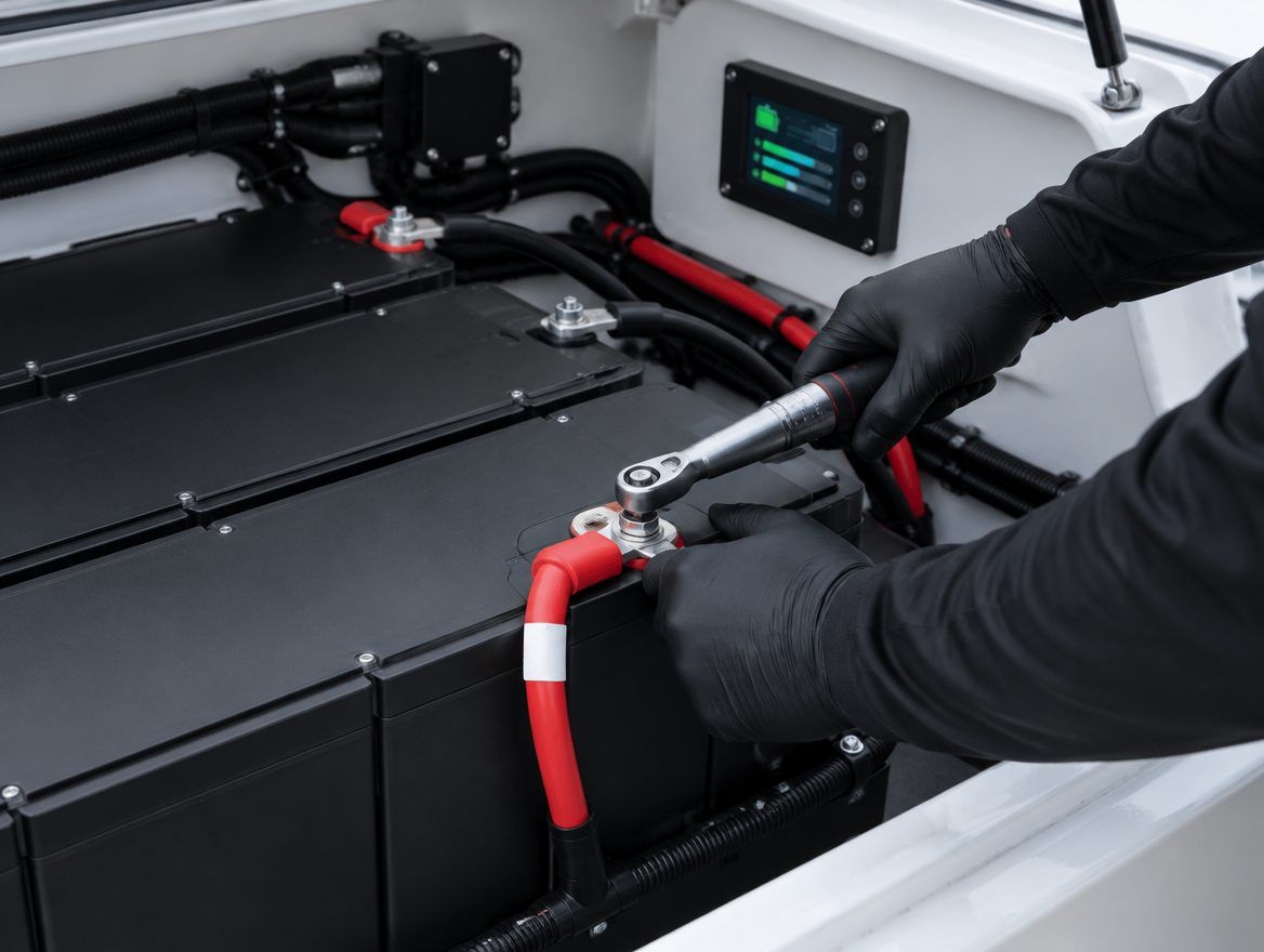 Gloved technician torquing a cable terminal on a lithium battery bank